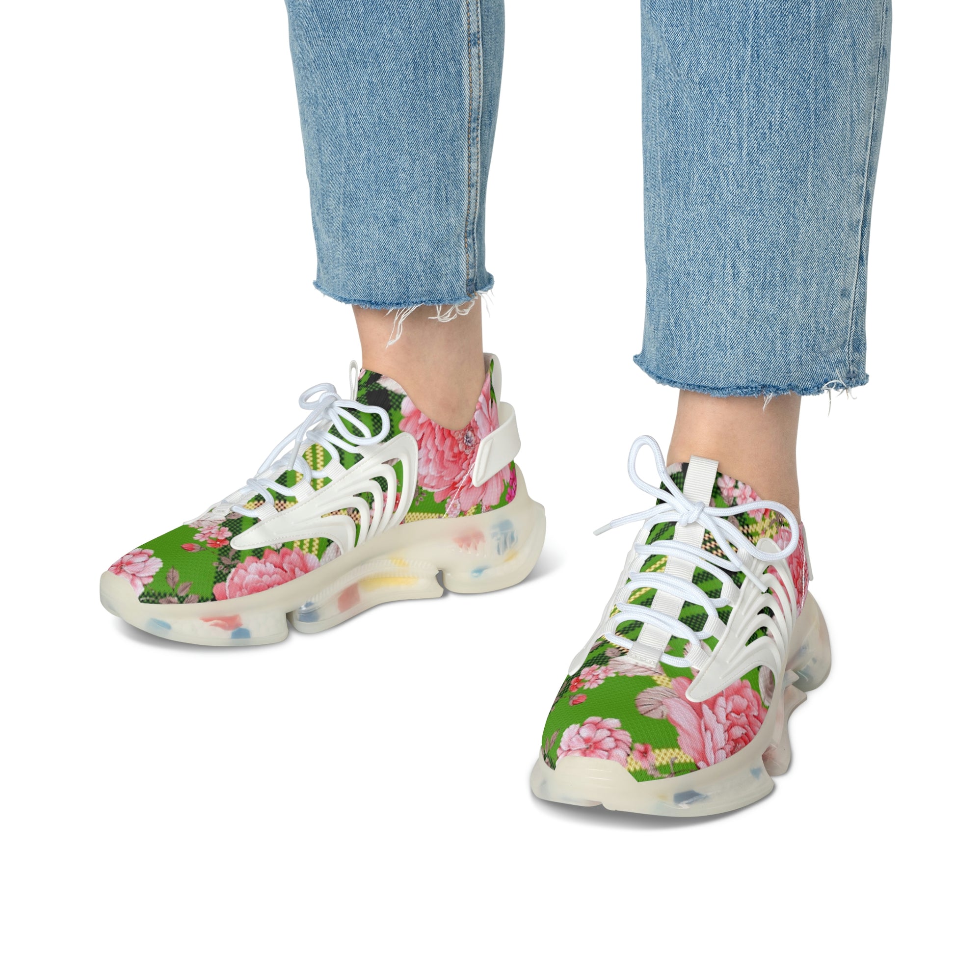 Women's Mesh Sneakers with Graphic Plaid and Roses in Pink Green