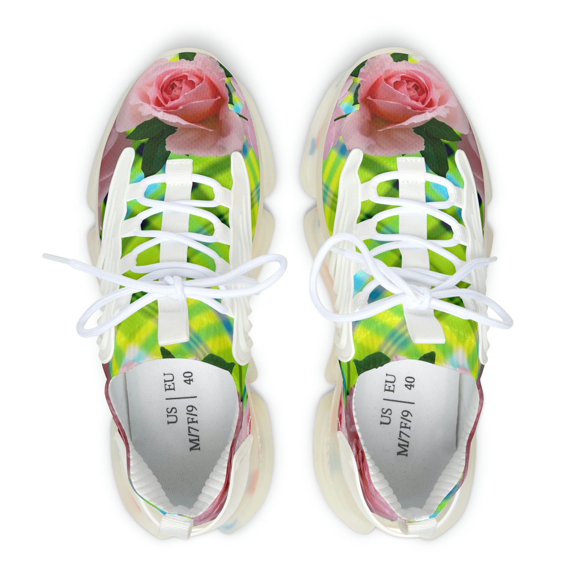 Women's Mesh Sneakers with Graphic Plaid and Roses Print in Lime Green Pink and Customisable Black Or White EVA Sole