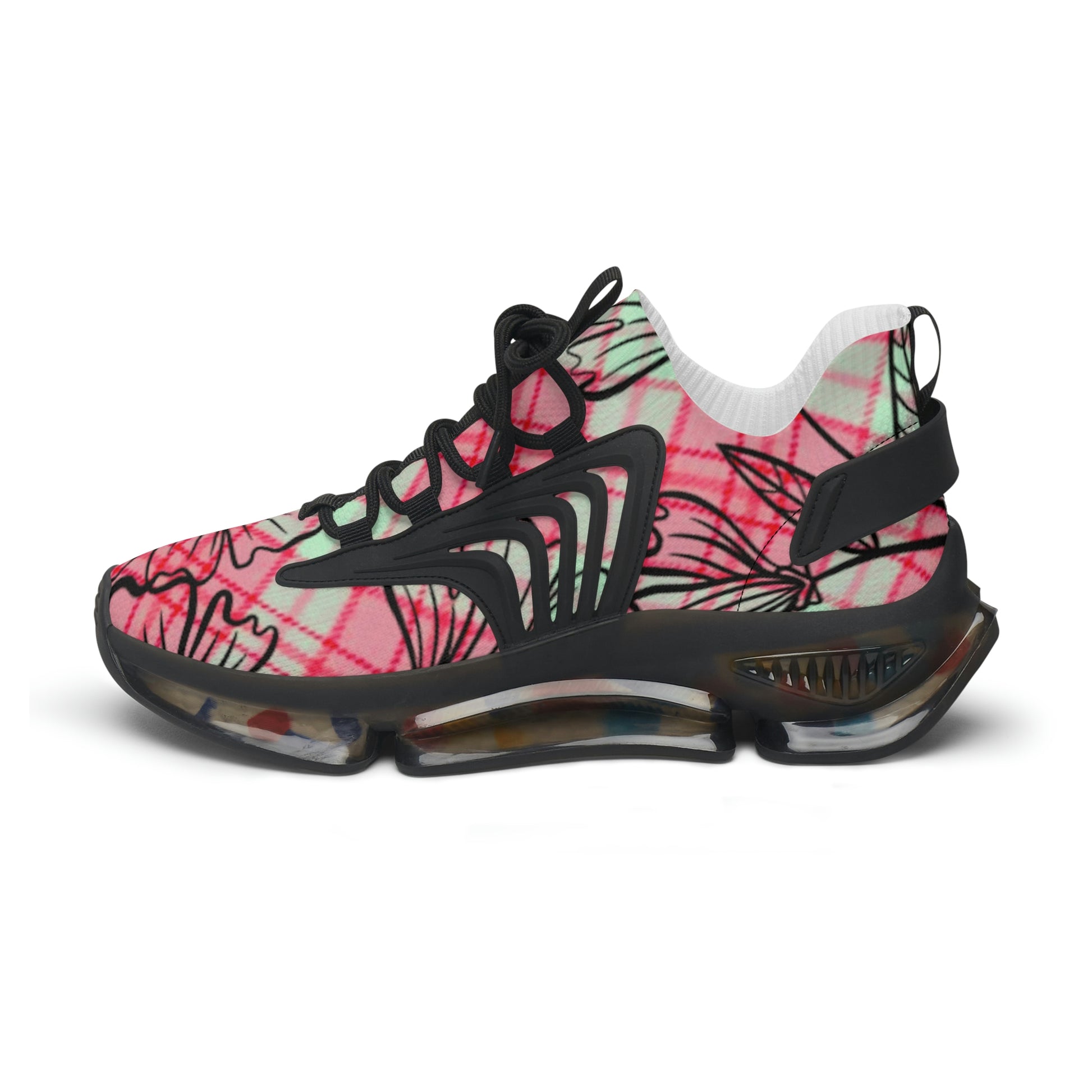 Women's Mesh Sneakers with Graphic Plaid and Floral Print in Pink Black with Customisable Black Or White EVA Sole