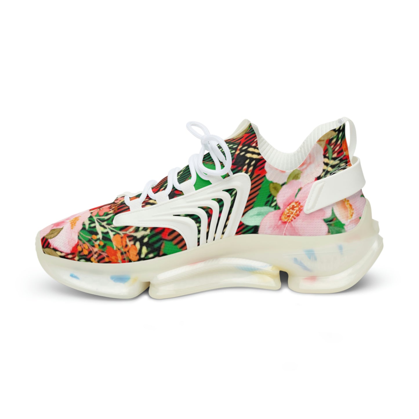 Men's Mesh Sneakers with Graphic Plaid and Floral Print in Red Green Pink 