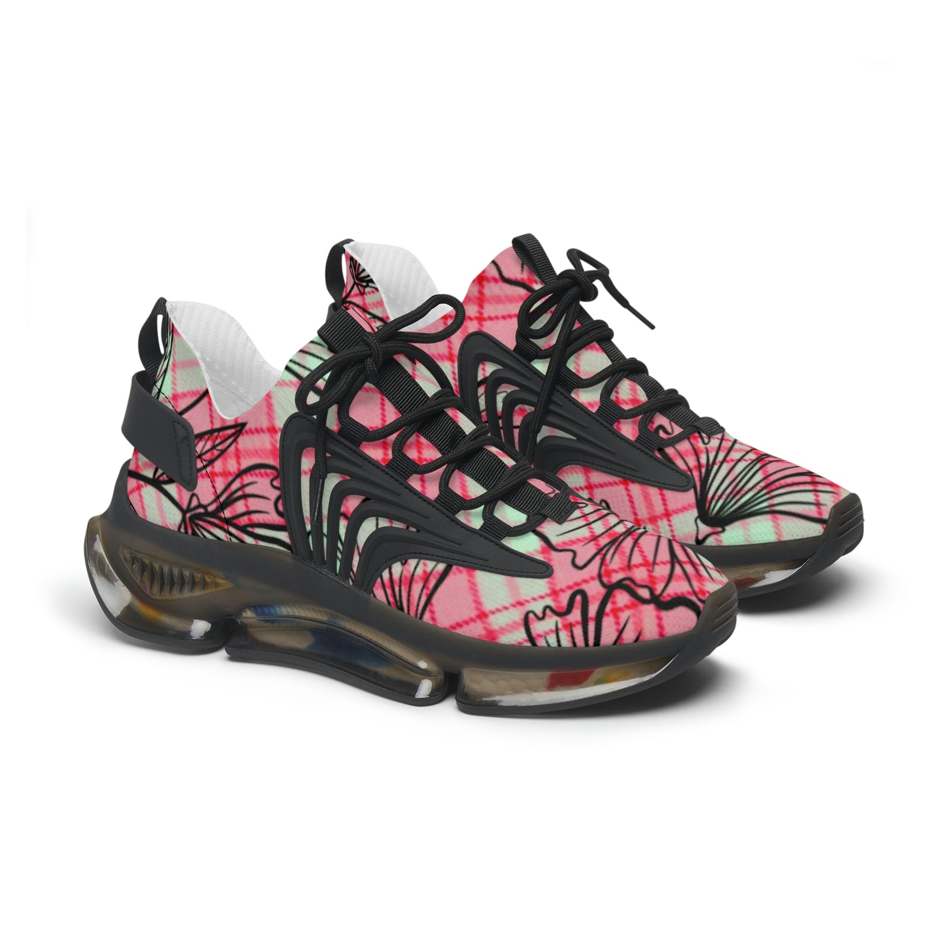 Women's Mesh Sneakers with Graphic Plaid and Floral Print in Pink Black with Customisable Black Or White EVA Sole