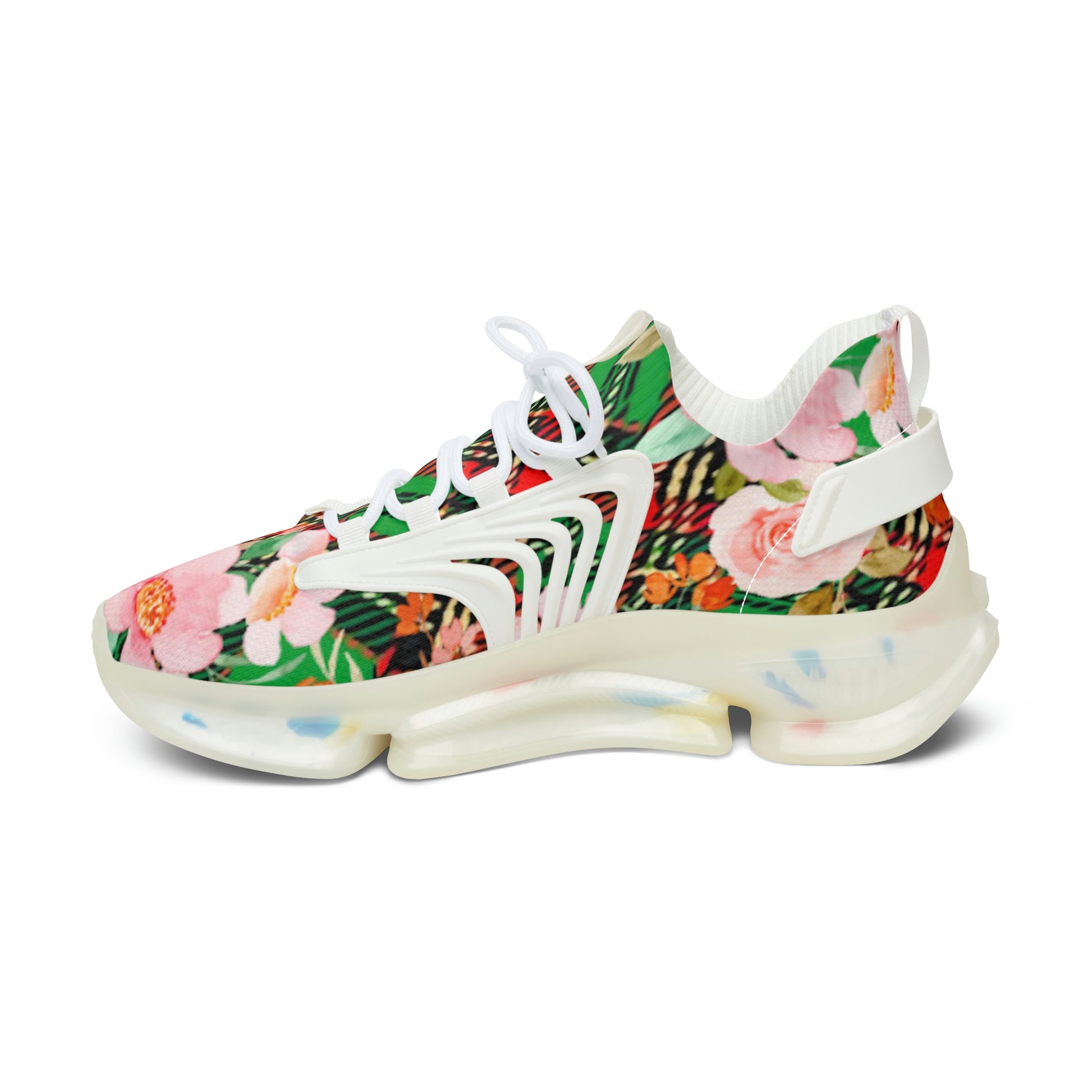 Women's Mesh Sneakers with Graphic Plaid and Roses in Red Green Pink