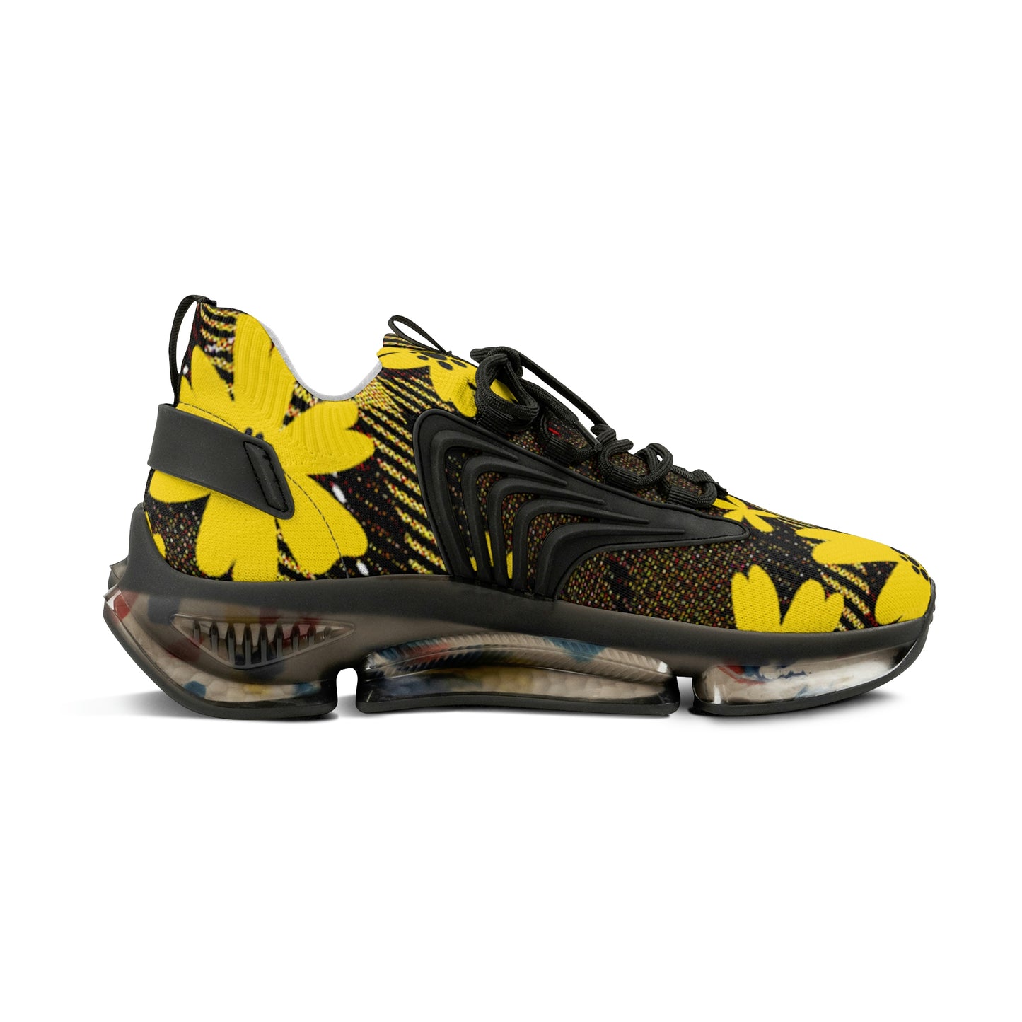 Men's Mesh Sneakers with Bold Graphic Plaid Print in Brown with Yellow Daisies