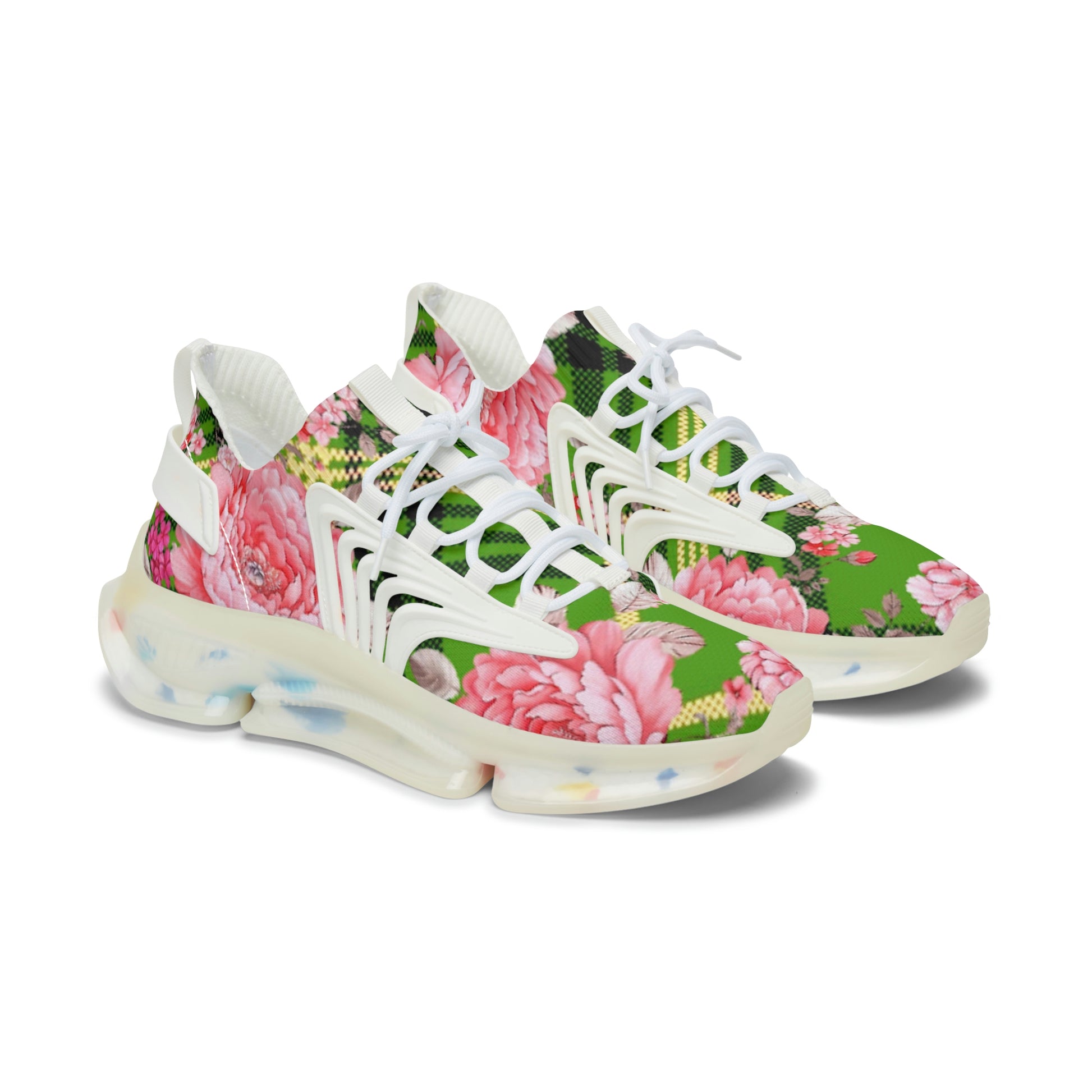 Women's Mesh Sneakers with Graphic Plaid and Roses in Pink Green