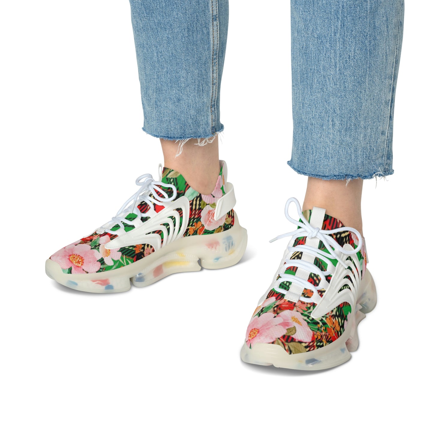 Women's Mesh Sneakers with Graphic Plaid and Roses in Red Green Pink