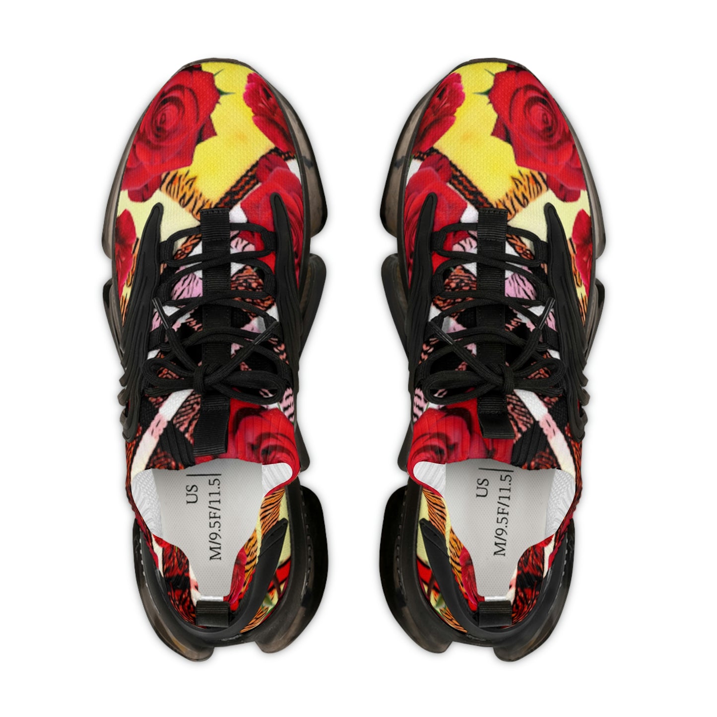 Men's Mesh Sneakers with Graphic Plaid and Roses Print in Red Yellow