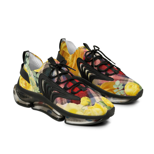 Men's Mesh Sneakers with Graphic Plaid and Roses Print in Yellow Red and Customisable Black Or White EVA Sole