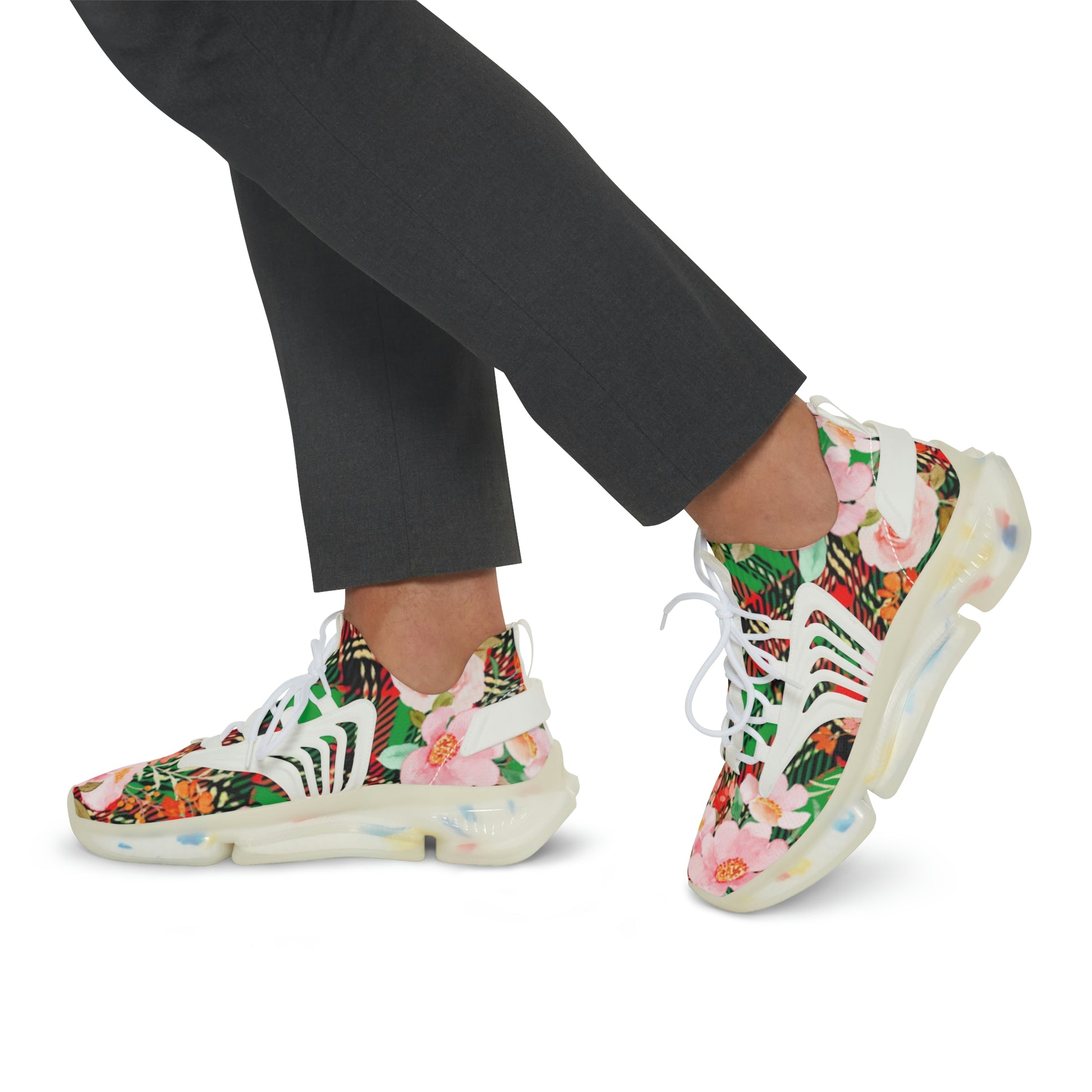 Men's Mesh Sneakers with Graphic Plaid and Floral Print in Red Green Pink 