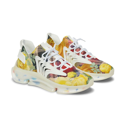 Women's Mesh Sneakers with Graphic Plaid and Roses Print in Yellow Red and Customisable Black Or White EVA Sole