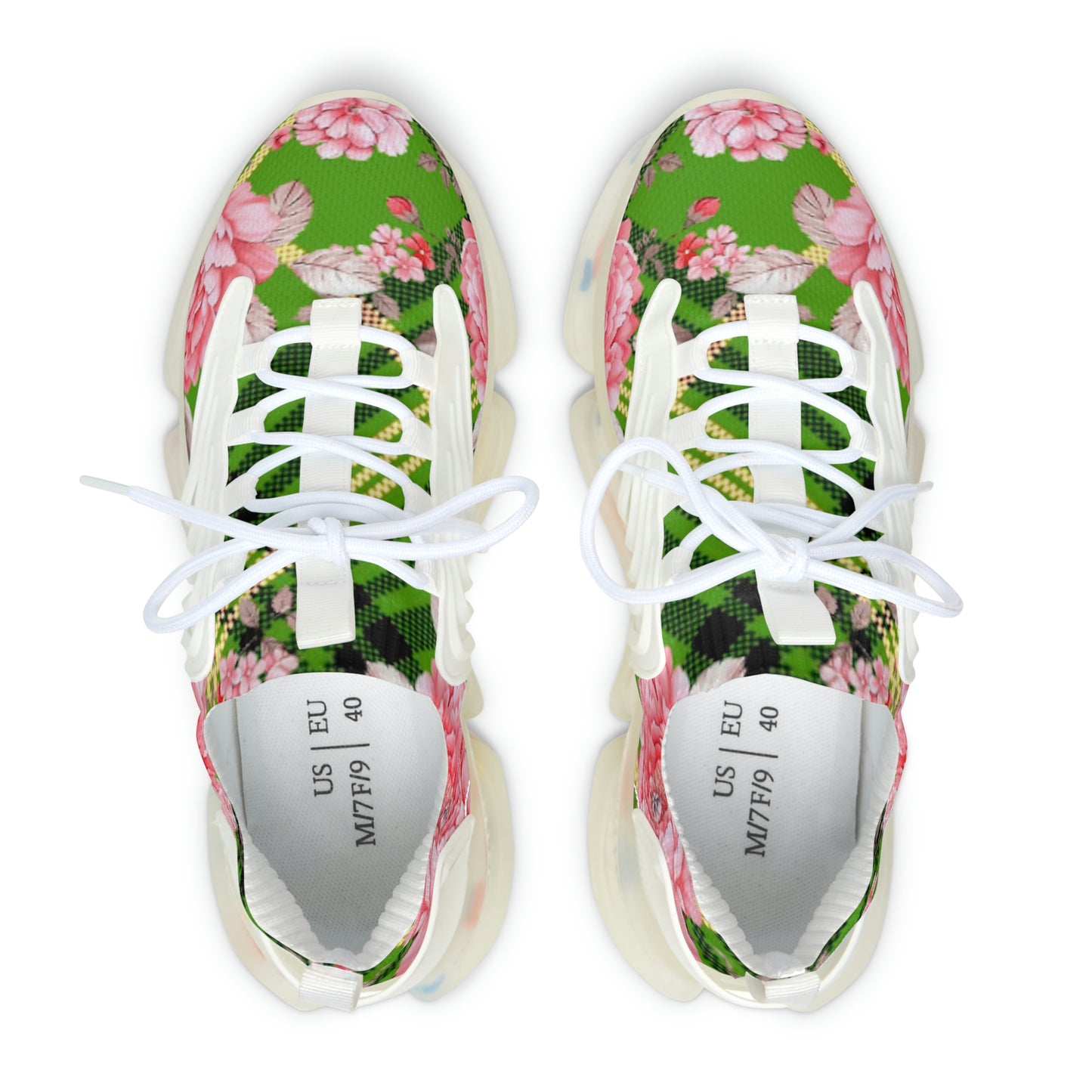 Women's Mesh Sneakers with Graphic Plaid and Roses in Pink Green