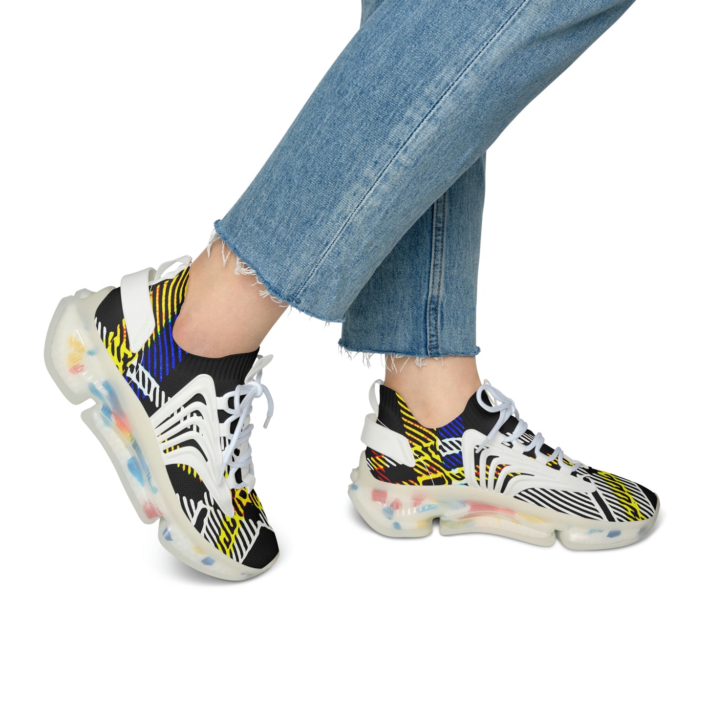 fashion women mesh breathable trainers shoes with bold graphic pattern print in black white yellow, Women’s Athletic Shoes in Graphic Print Colors ,  colorful printed shoes women sneakers trendy,