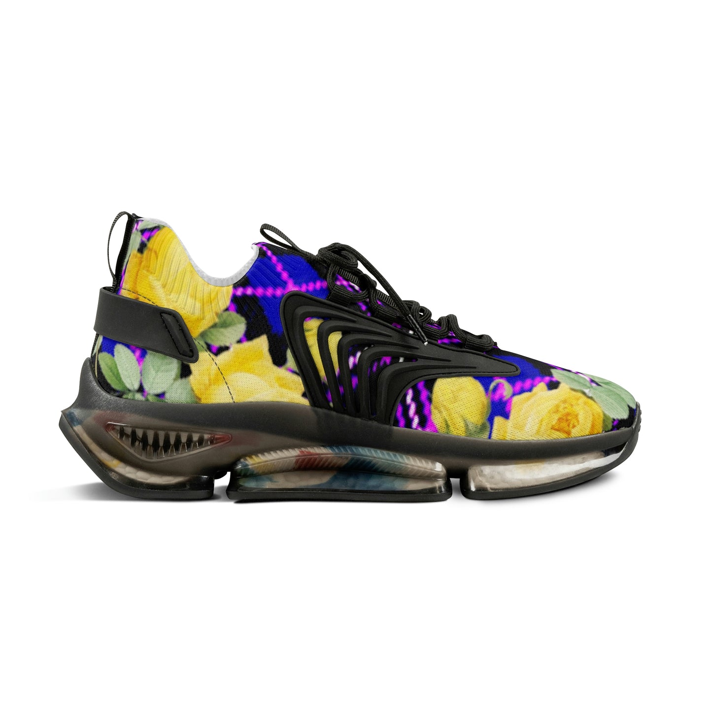 Men's Mesh Sneakers with Graphic Plaid and Roses Print in Purple Black Yellow