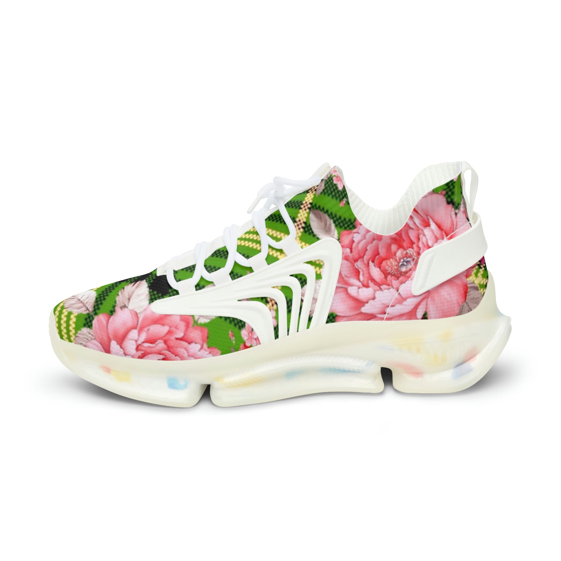 Men's Mesh Sneakers with Graphic Plaid and Roses in Pink Green