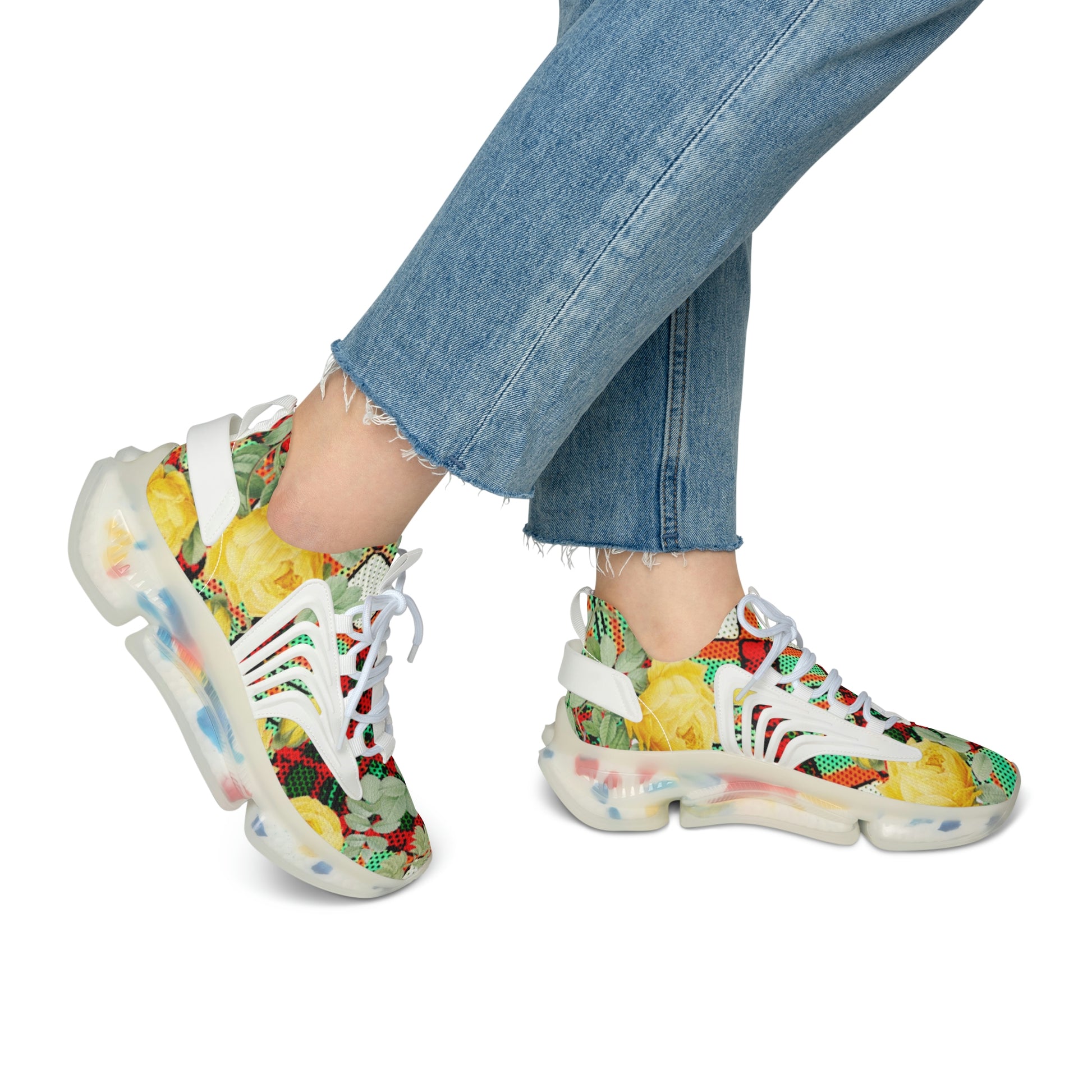 Women's Mesh Sneakers with Graphic Plaid and Roses in Yellow Green Red