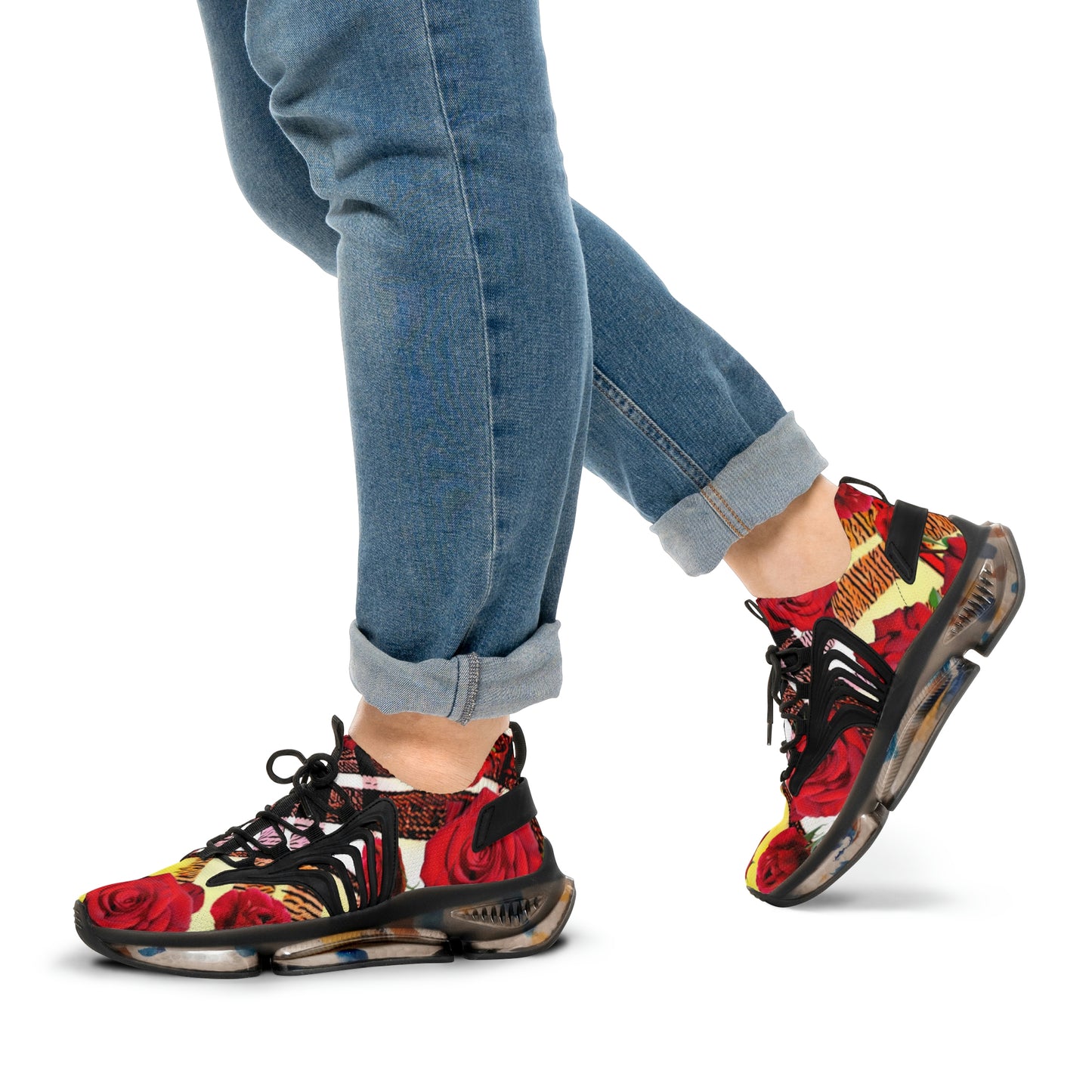 Men's Mesh Sneakers with Graphic Plaid and Roses Print in Red Yellow