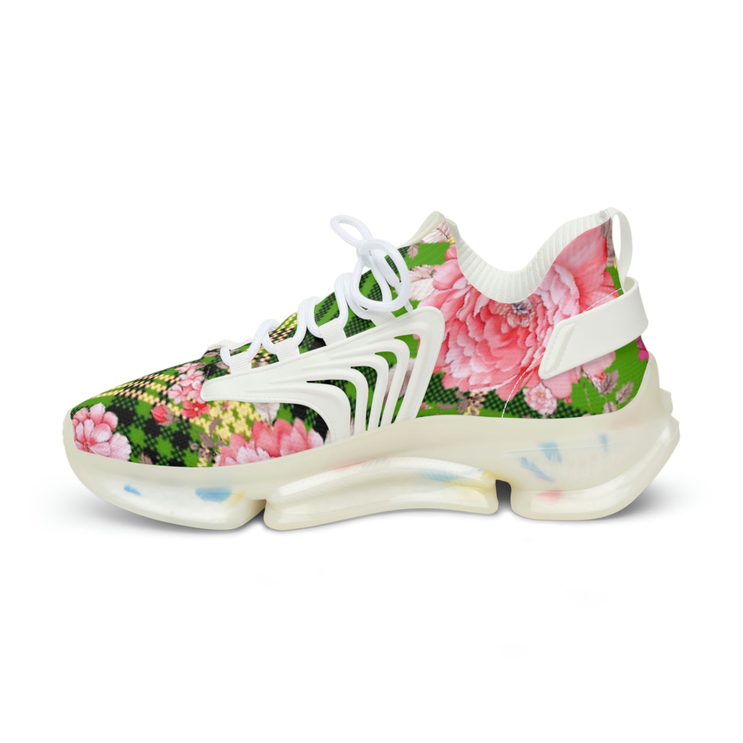 Men's Mesh Sneakers with Graphic Plaid and Roses in Pink Green