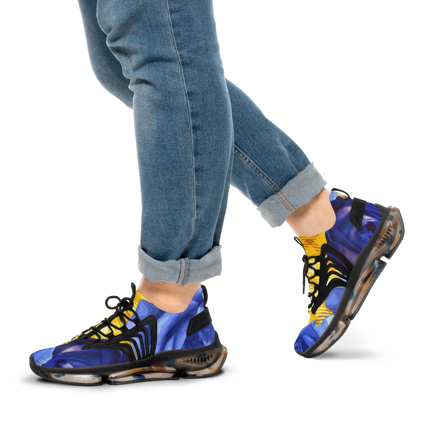 Men's Mesh Sneakers with Graphic Plaid and Roses Print in Lime Yellow Blue and Customisable Black Or White EVA Sole