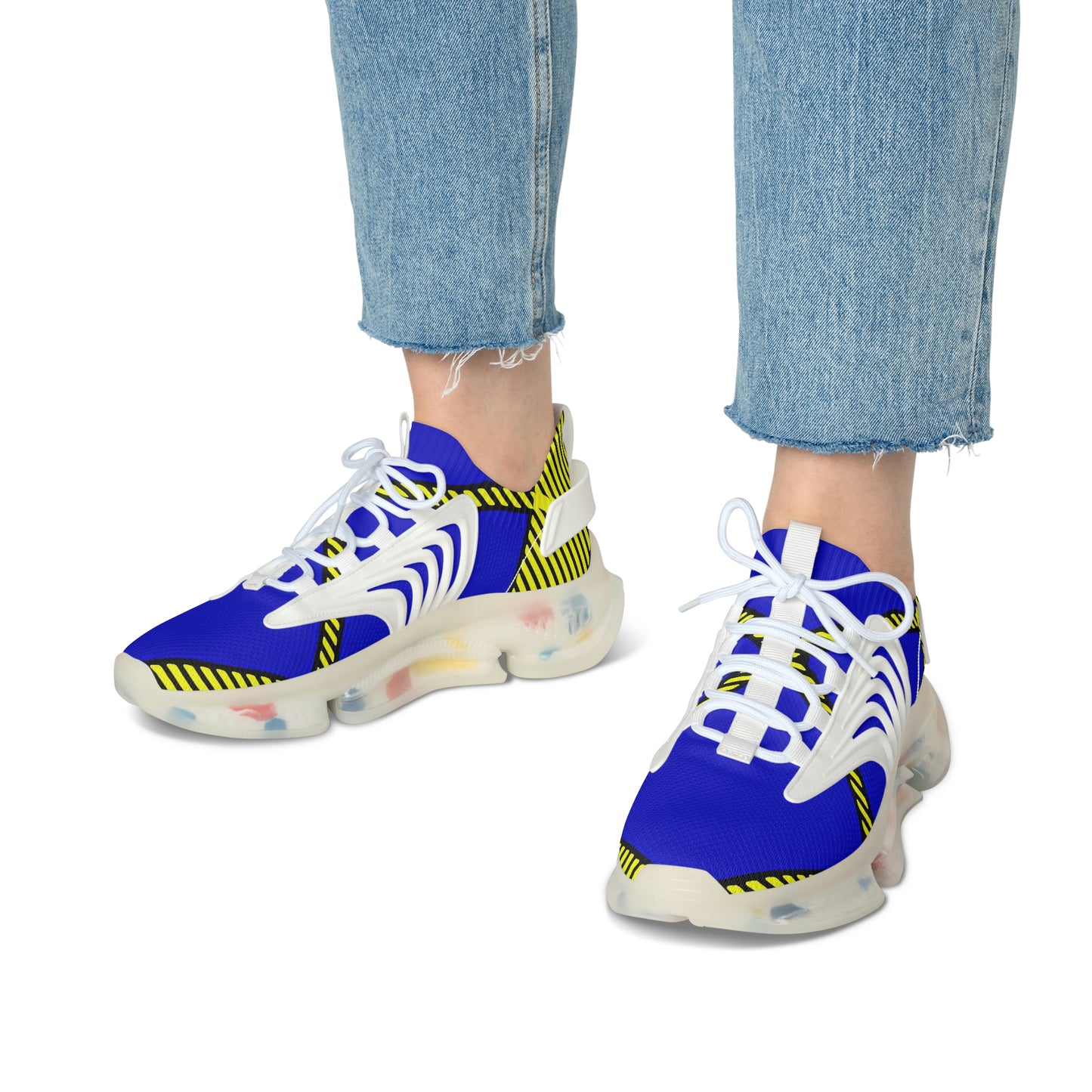 Women's Mesh Sneakers with Bold Graphic Plaid Print in Blue Yellow