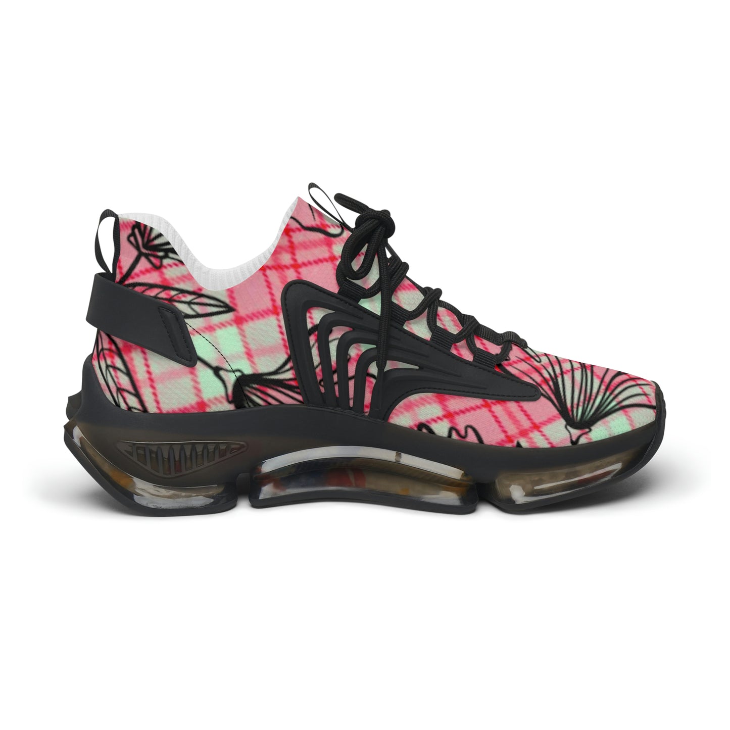 Women's Mesh Sneakers with Graphic Plaid and Floral Print in Pink Black with Customisable Black Or White EVA Sole