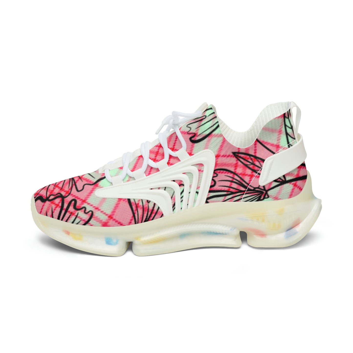 Women's Mesh Sneakers with Graphic Plaid and Floral Print in Pink Black with Customisable Black Or White EVA Sole