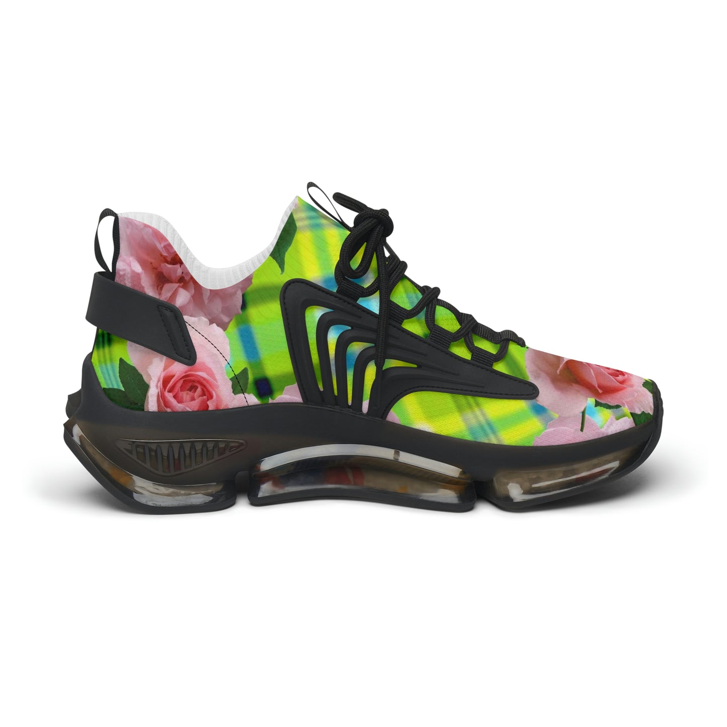 Women's Mesh Sneakers with Graphic Plaid and Roses Print in Lime Green Pink and Customisable Black Or White EVA Sole