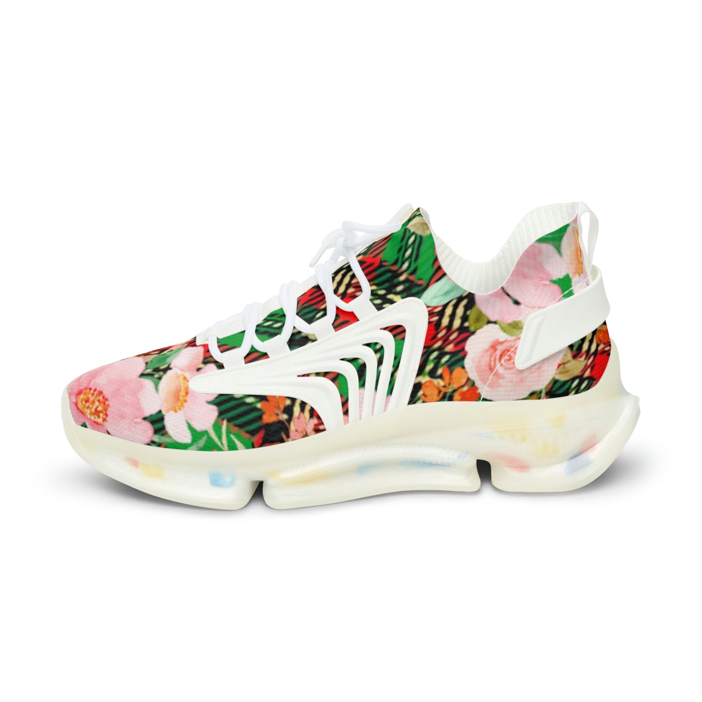 Men's Mesh Sneakers with Graphic Plaid and Floral Print in Red Green Pink 