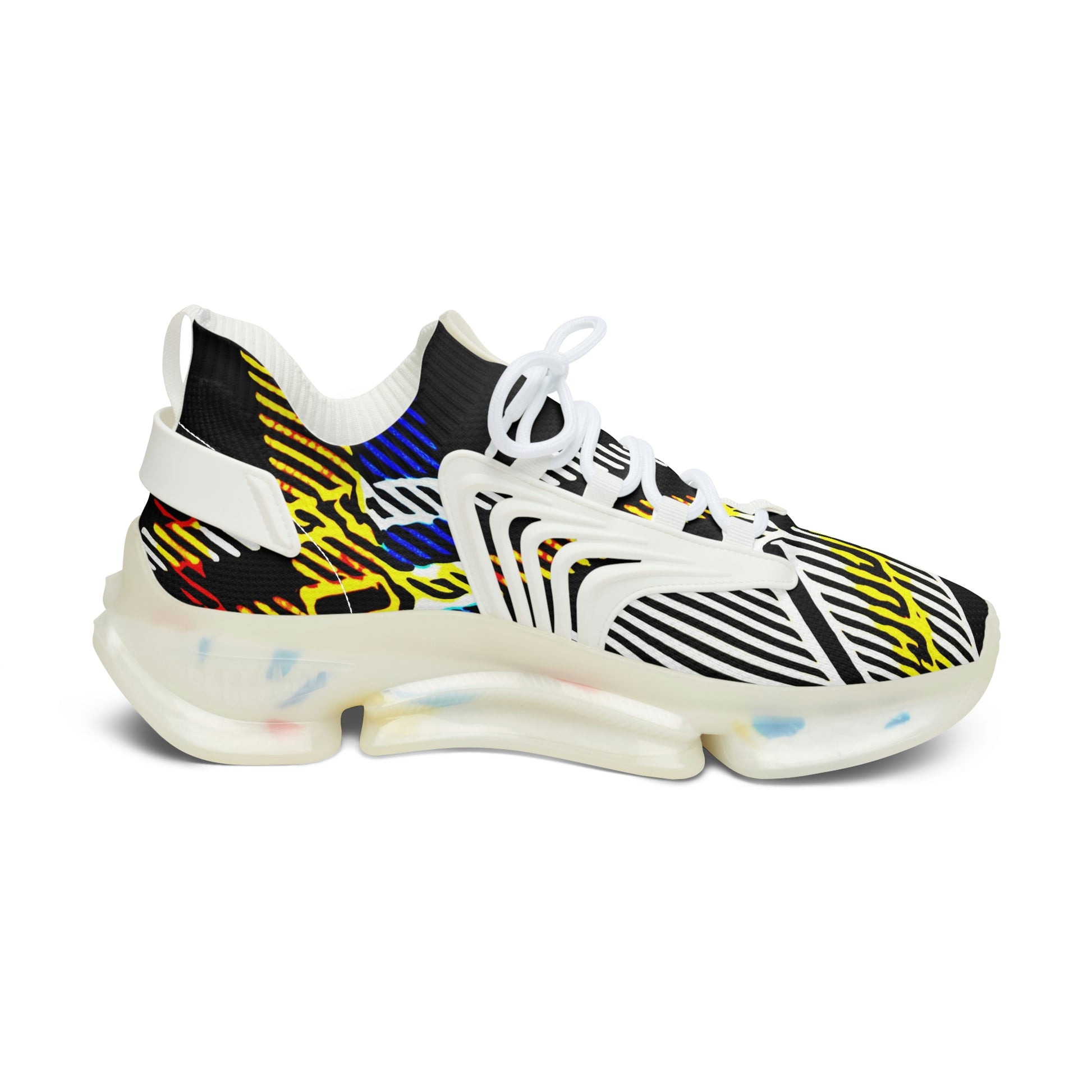 fashion women mesh breathable trainers shoes with bold graphic pattern print in black white yellow, Women’s Athletic Shoes in Graphic Print Colors ,  colorful printed shoes women sneakers trendy,