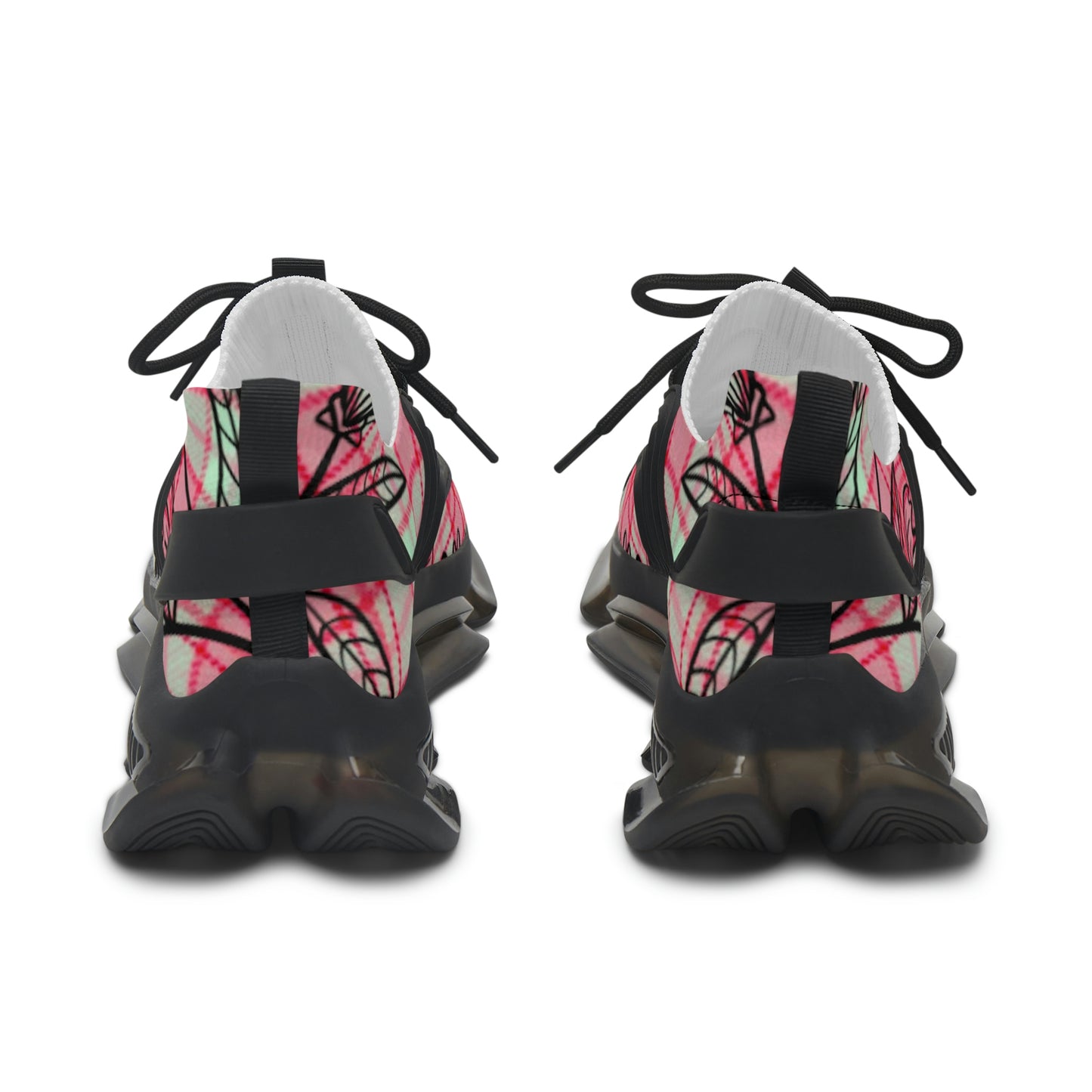 Women's Mesh Sneakers with Graphic Plaid and Floral Print in Pink Black with Customisable Black Or White EVA Sole