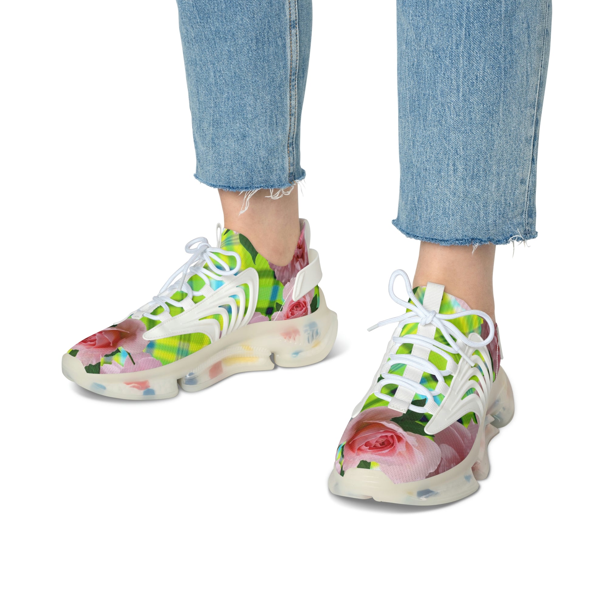 Women's Mesh Sneakers with Graphic Plaid and Roses Print in Lime Green Pink and Customisable Black Or White EVA Sole