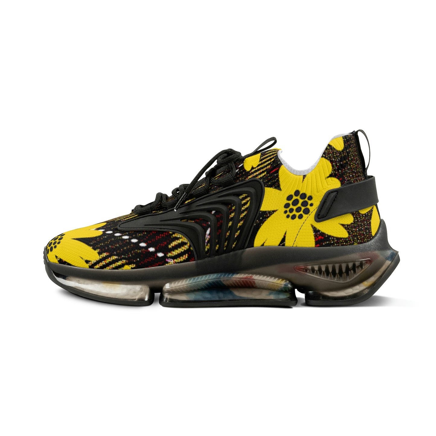 Men's Mesh Sneakers with Bold Graphic Plaid Print in Brown with Yellow Daisies