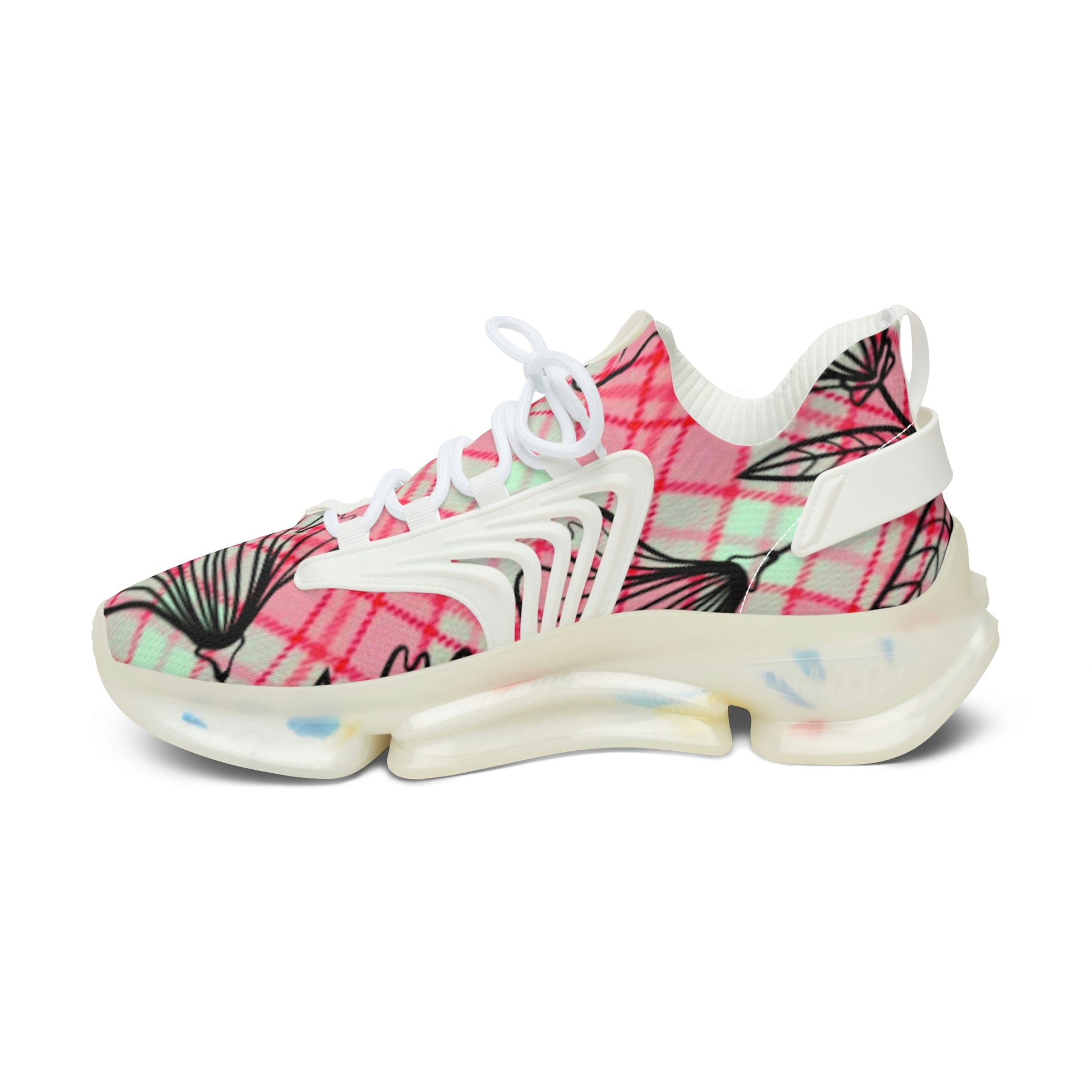 Women's Mesh Sneakers with Graphic Plaid and Floral Print in Pink Black with Customisable Black Or White EVA Sole