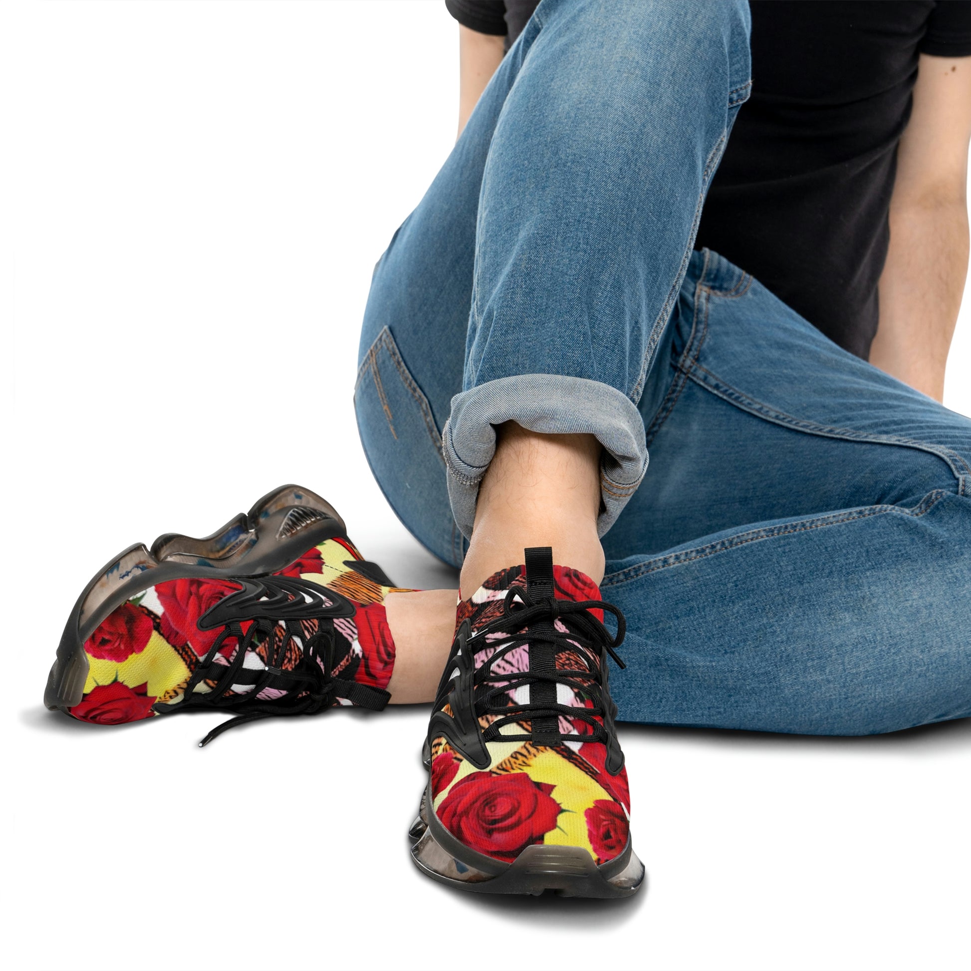 Men's Mesh Sneakers with Graphic Plaid and Roses Print in Red Yellow